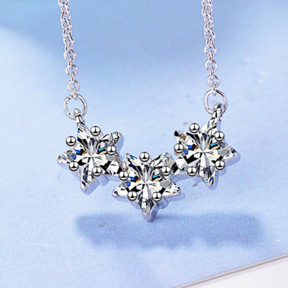 #NEW 925 Sterling Silver Diamond Triple Star Necklace